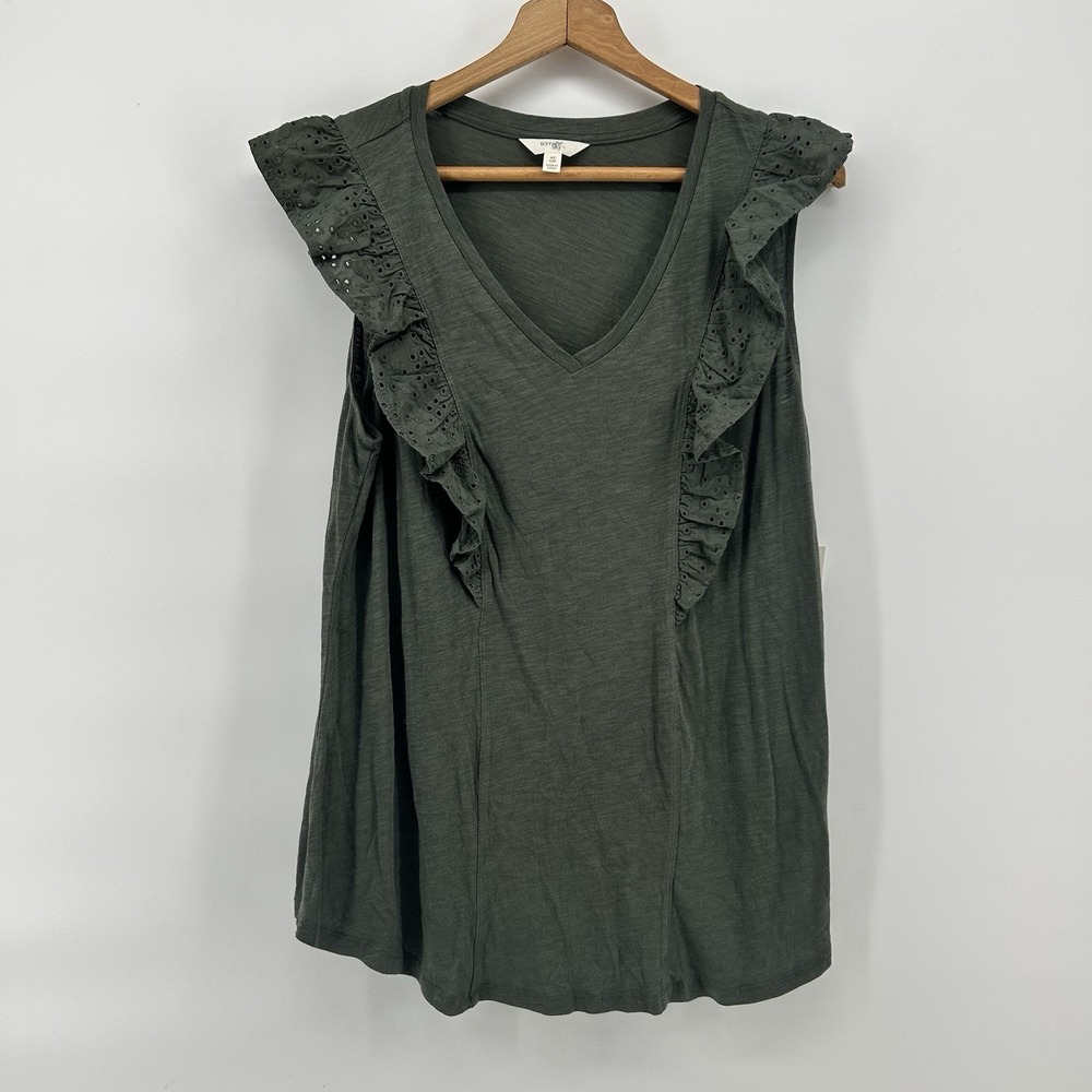 Terra & Sky Ruffle Tank Top Womens 14W‎ Olive Eyelet Trim V Neck Cottagecore NWT